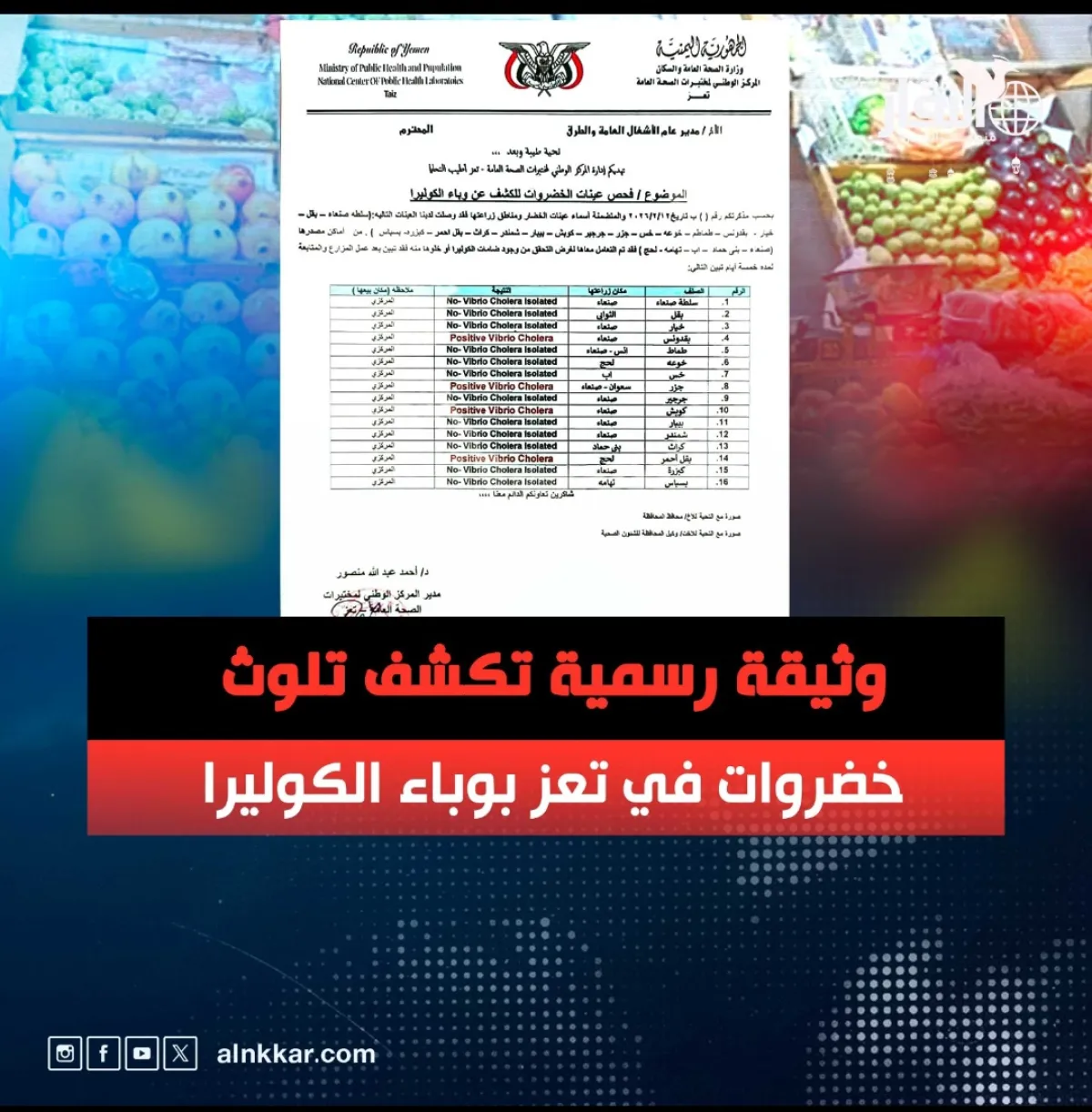 وثيقة رسمية تكشف تلوث خضروات في تعز بوباء الكوليرا